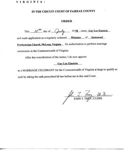 Order issued by Fairfax County in the Commonwealth of Virginia to Perform Weddings
