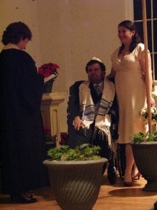 Jewish Christian wedding--the groom is wearing a yalmalka
