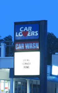 Sign at Charlottesville car wash--"Find Hannah Graham"