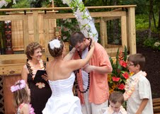 This wedding was a challenge to execute--it was in a backyard, with a patio, walkways, and no space for guests to sit!
